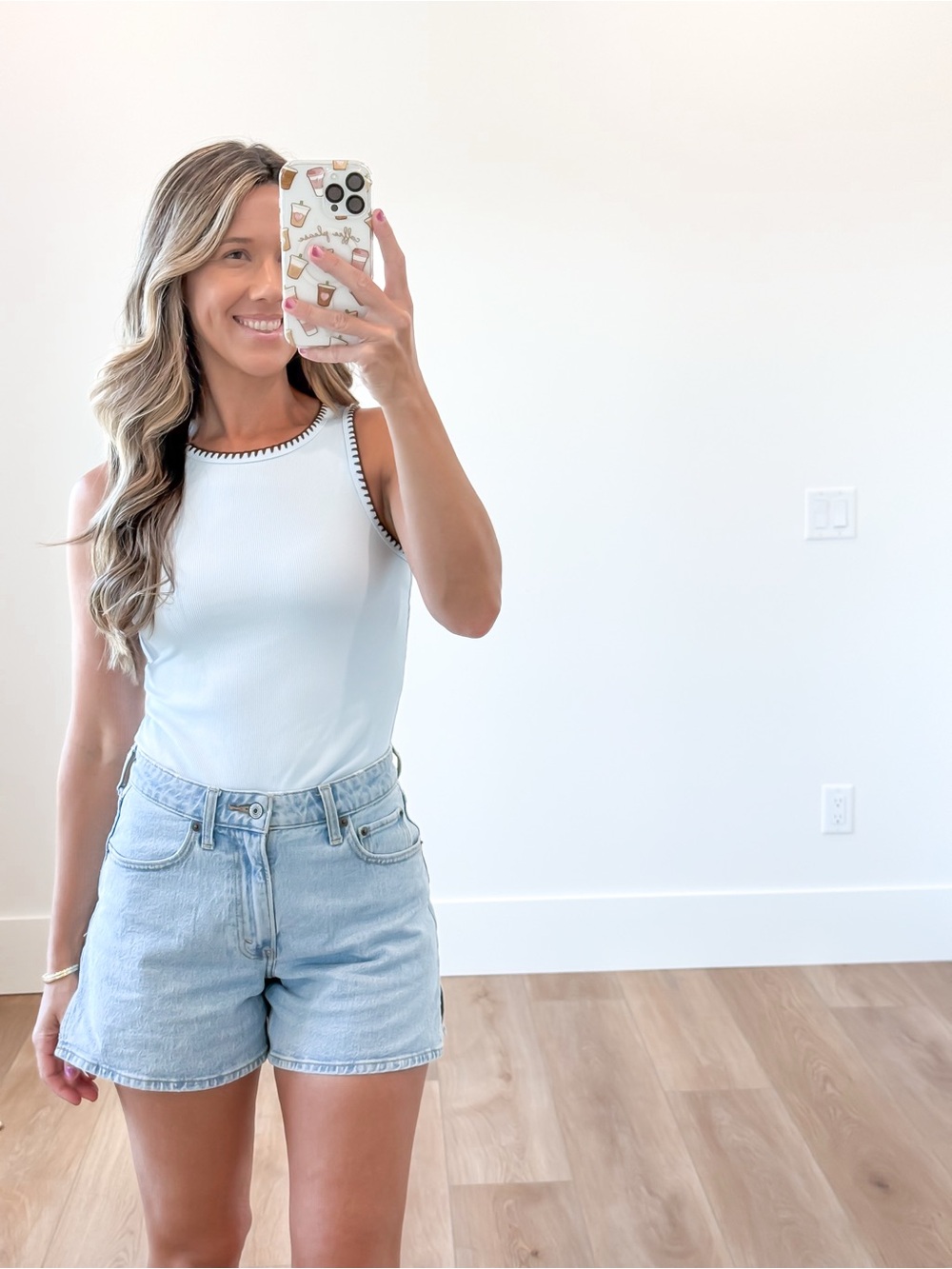 Isla Pale Blue Ribbed Tank with chocolate brown Contrast Trim